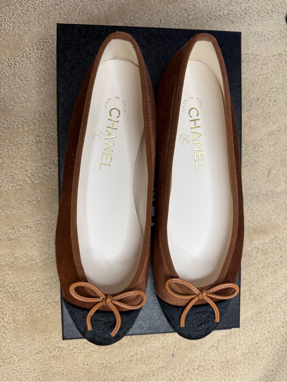 CHANEL Brown Suede Ballet Flats with Black Cap Toe and Bow